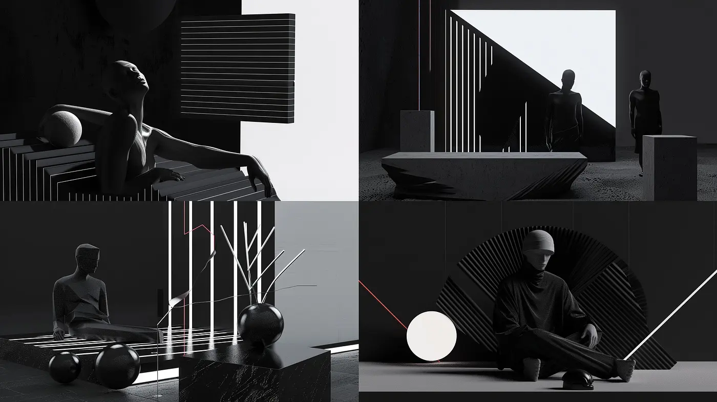 Monochrome Elegance: A Fusion of Minimalism and Surrealism in a Dark Tonal Array - Midjourney sref style