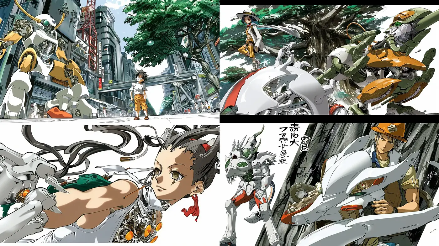 Futuristic Metropolis: A Blend of Advanced Mech and Lush Nature - Midjourney sref style