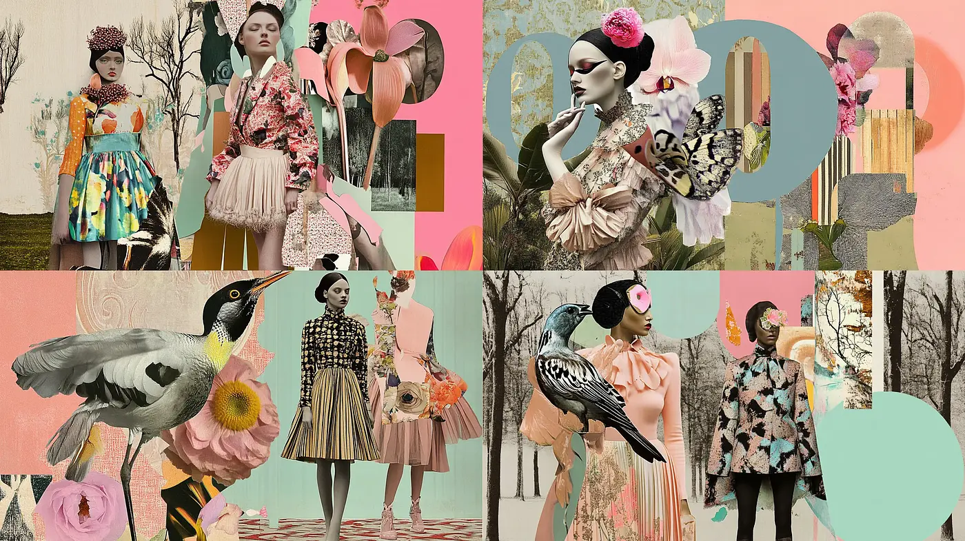 Contemporary collage of pastel nostalgia and nature - Midjourney sref style