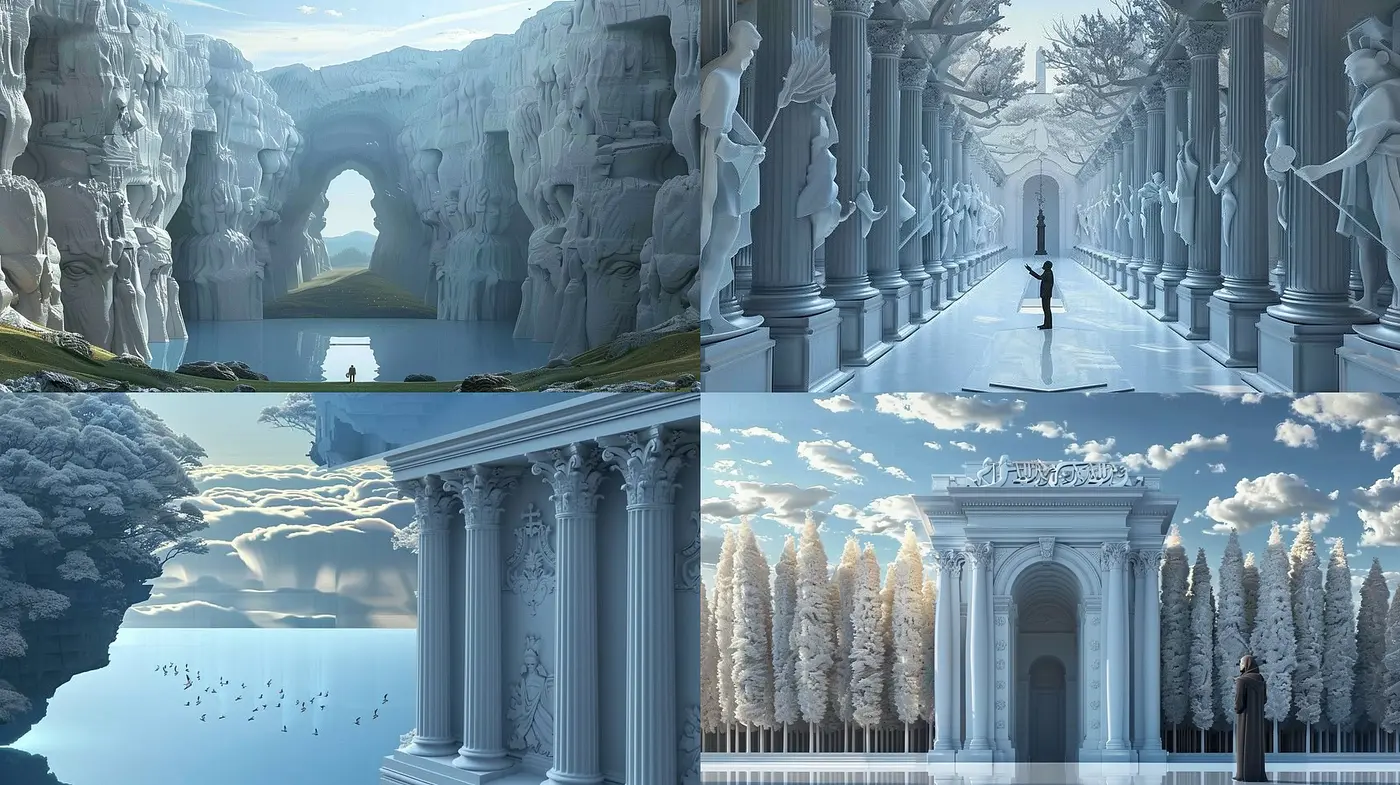 Ethereal Neoclassical Dreamscapes: A Synchronous Harmony of Blues and Ethereal Lighting - Midjourney sref style