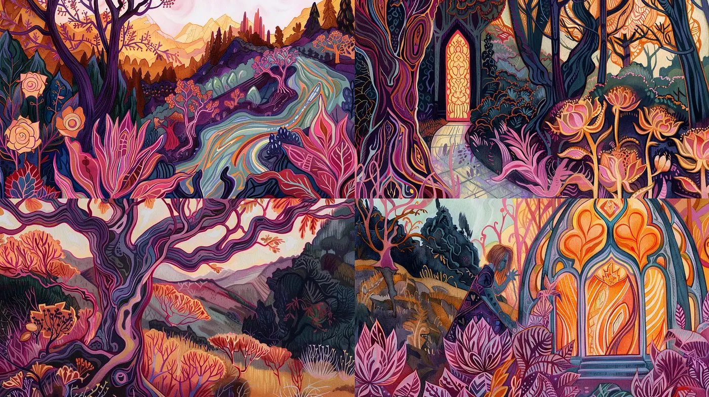Enchanted Chromatic Woodlands: A Tapestry of Vivid Hues and Dreamlike Textures - Midjourney sref style