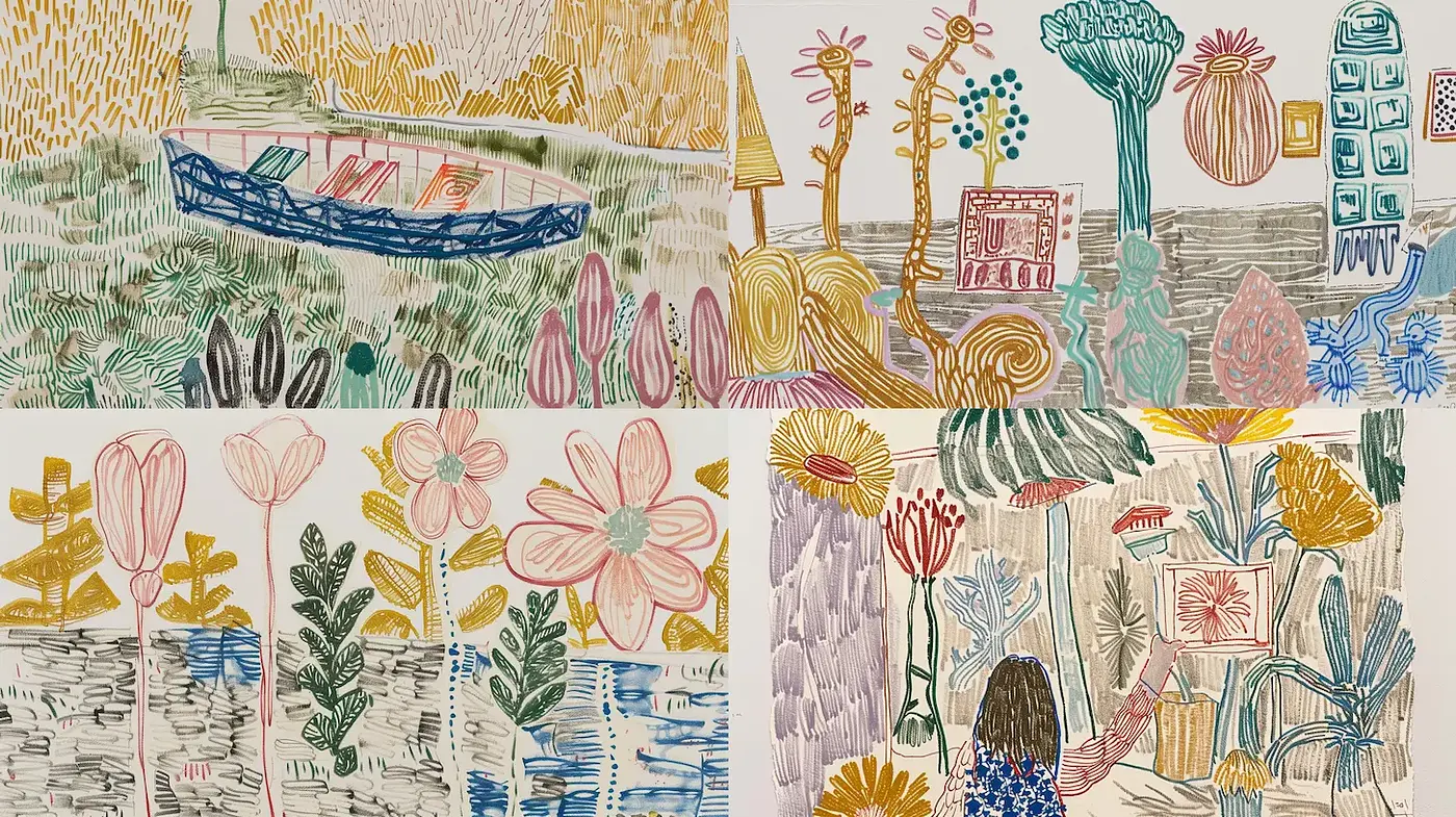 Whimsical and Organic Illustrative Aesthetic with a Playful Tone - Midjourney sref style