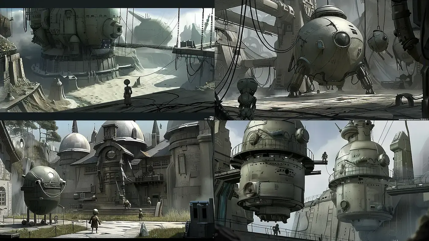 Futuristic yet Nostalgic Scenes of Abandoned Technology and Nature - Midjourney sref style
