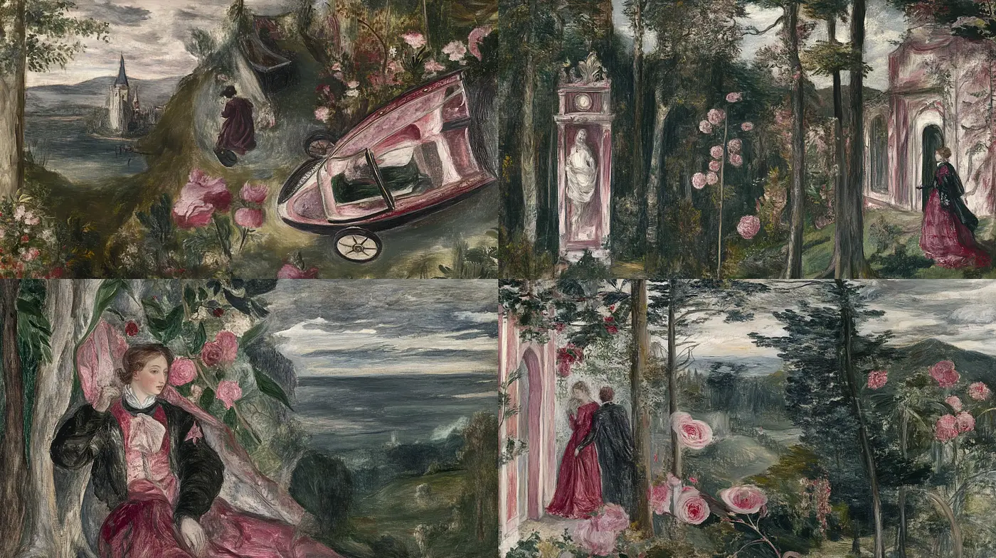 Ethereal Victorian Dreamscapes Embracing Rosy Reverie - Midjourney sref style