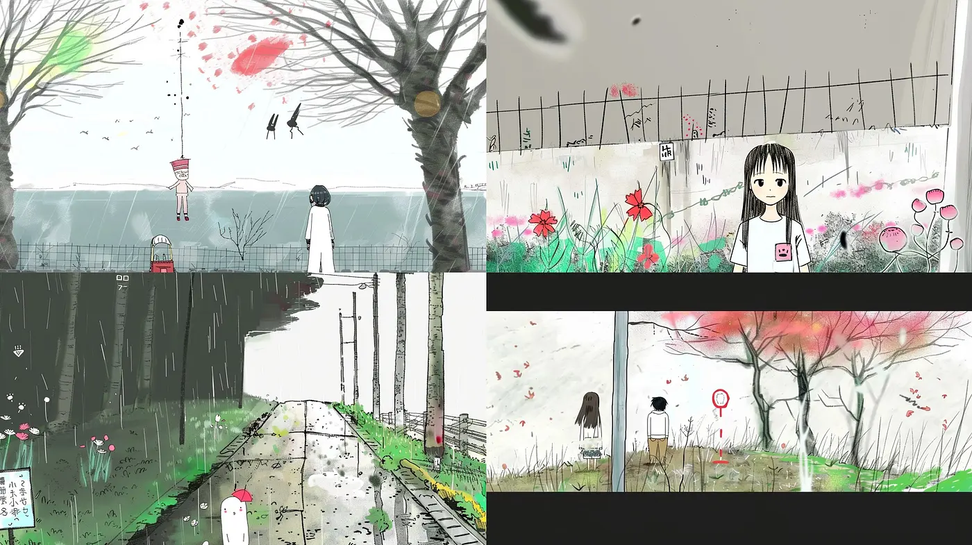Whimsical Illustrations with Contemporary Anime Influence and Sketch-like Textures - Midjourney sref style