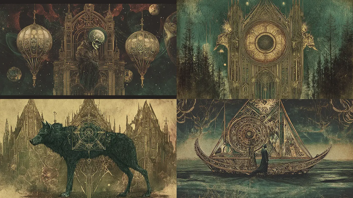 Ethereal Arcane Dreamscapes in Gilded Monochrome - Midjourney sref style