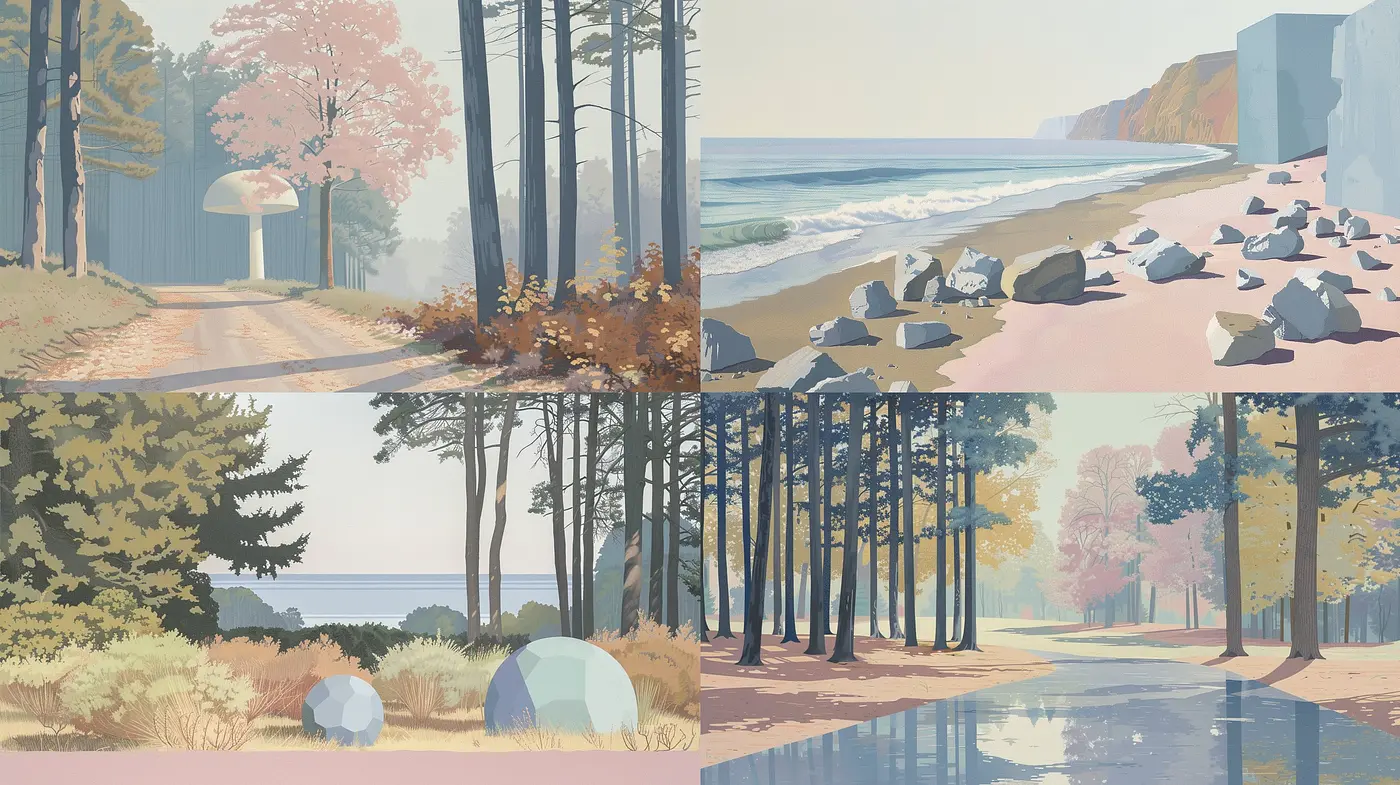 Serene Pastel Landscapes Evoking a Retro-Futuristic Appeal - Midjourney sref style