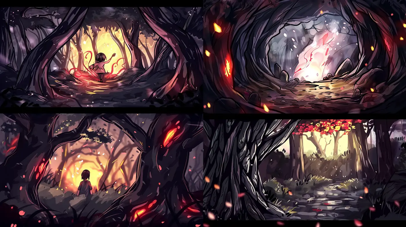 Whimsical Enchanted Forest: A Study in Twilight Hues and Embers - Midjourney sref style