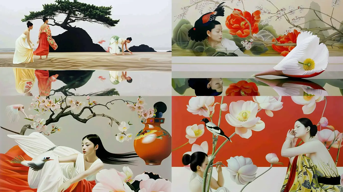 Ethereal Elegance in Serene Florals - A Tranquil Fusion of East Asian Aesthetics and Contemporary Digital Artistry - Midjourney sref style
