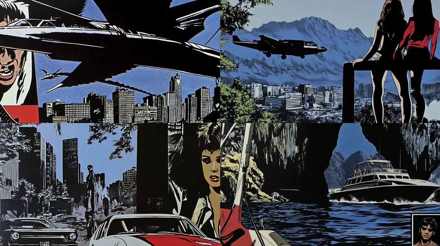 Neo-Noir Graphic Adventure: Stylized Vintage Vistas and Contrasting Silhouettes - Midjourney sref style