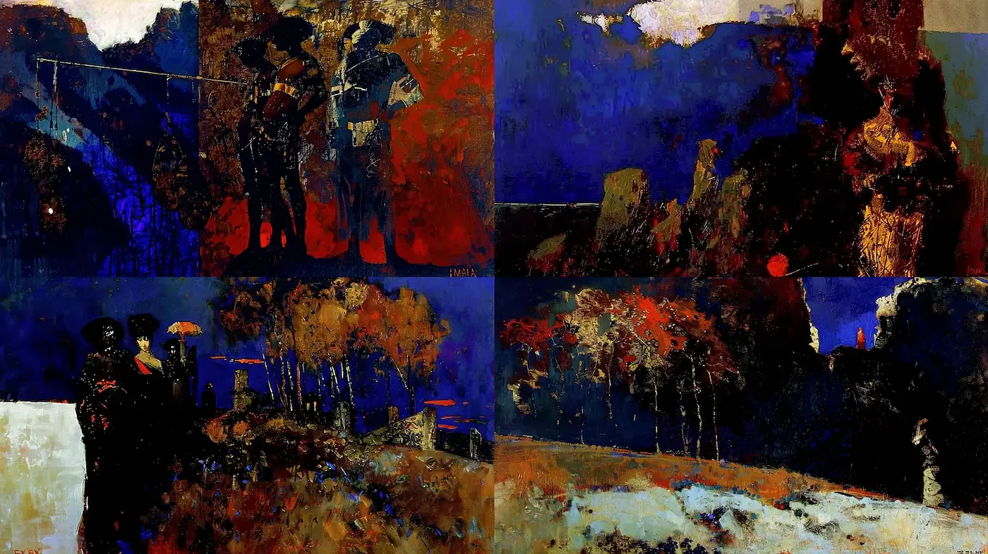 Exploration of Abstract Landscapes with a Dramatic Color Palette - Midjourney sref style