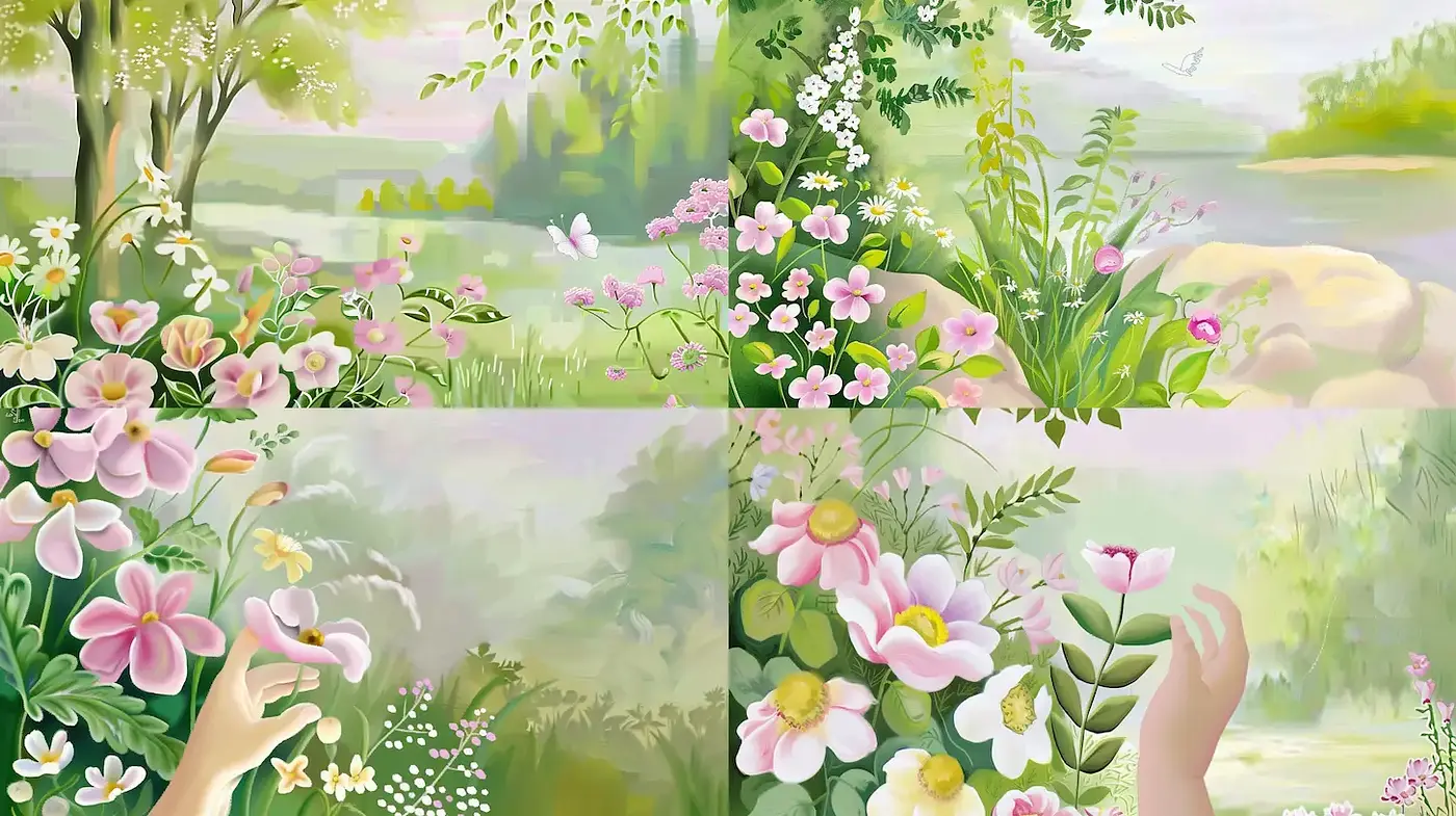Serene Floral Landscapes with a Soft Pastel Aesthetic - Midjourney sref style