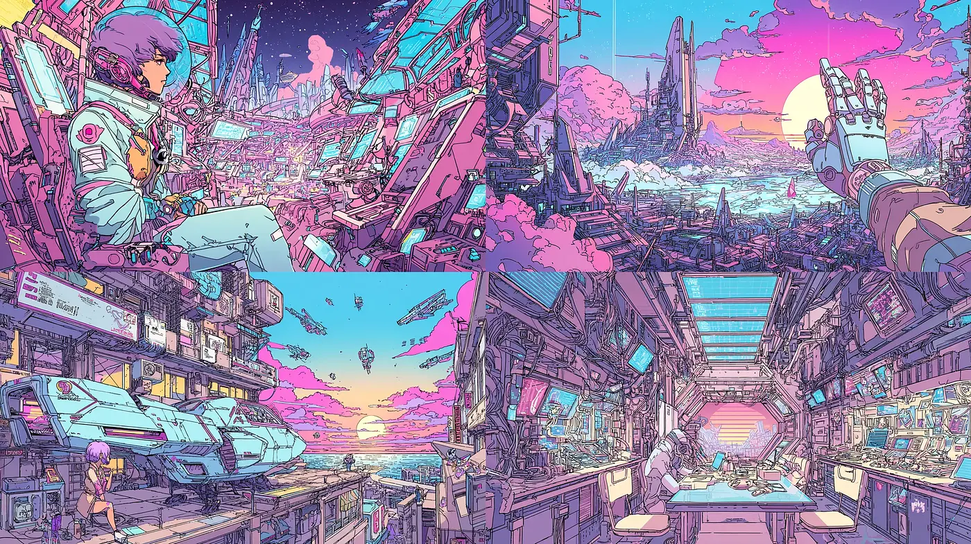 Futuristic Surrealism with Vibrant Neon Aesthetics and Intricate Details - Midjourney sref style