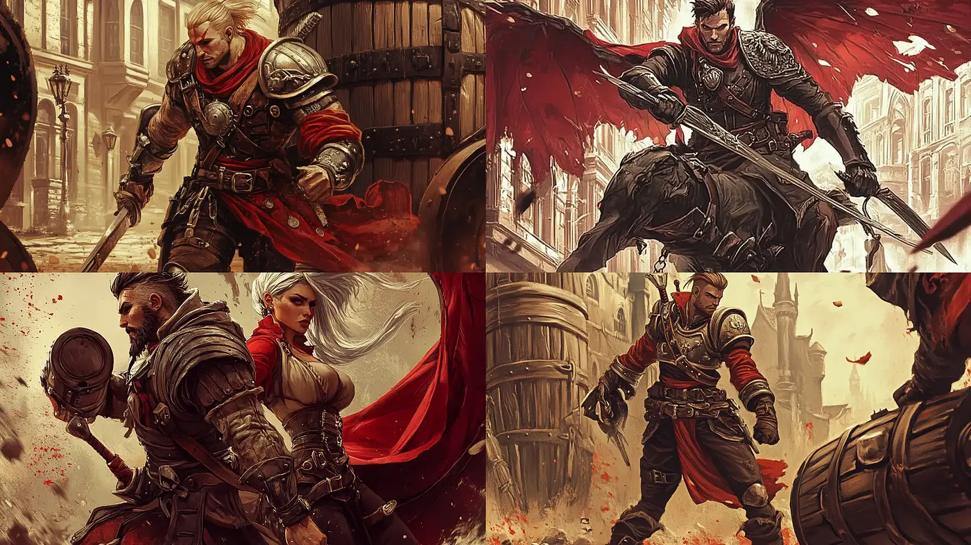 Epic Saga of Red-Cloaked Warriors in a Grim Fantasy World - Midjourney sref style