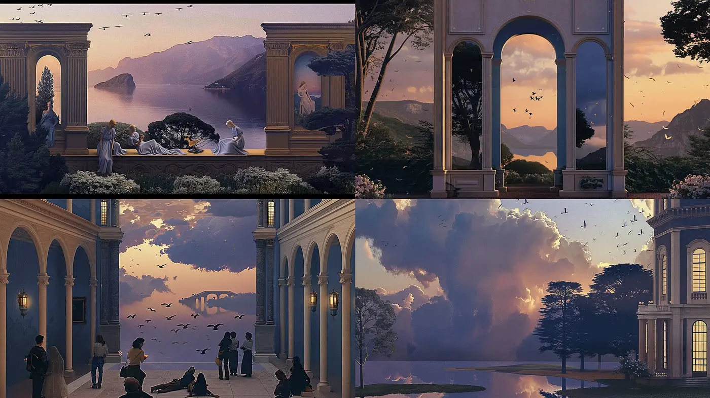 Serene Twilight Ambiance in Stylized Landscapes - Midjourney sref style