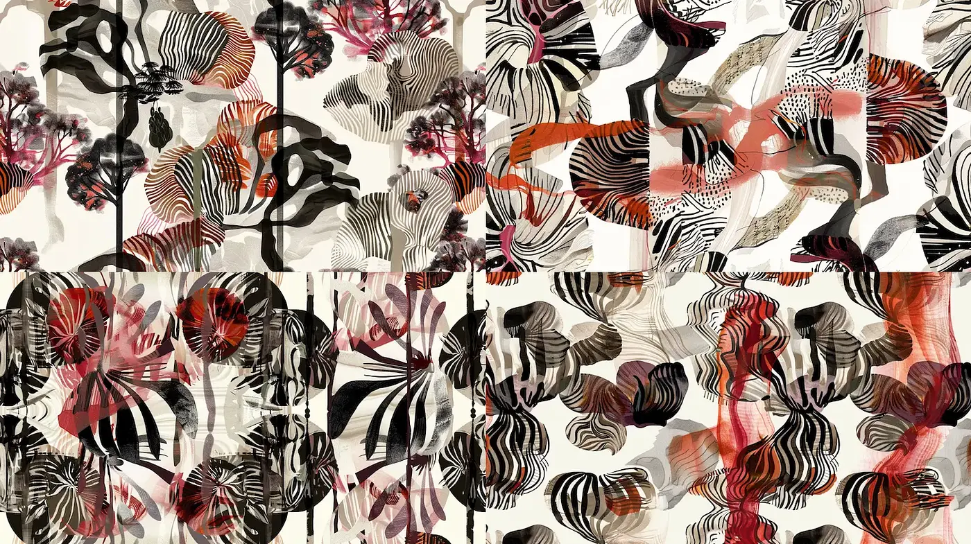 Dynamic Monochrome Floral Patterns with Abstract Accents - Midjourney sref style