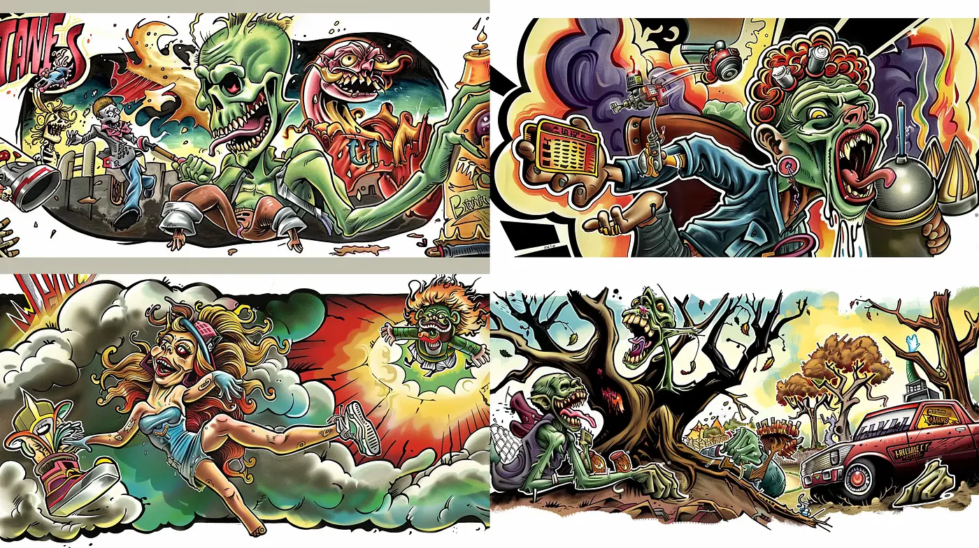 Eccentric Fusion of Comic Art and Surrealism with a Retro Twist - Midjourney sref style