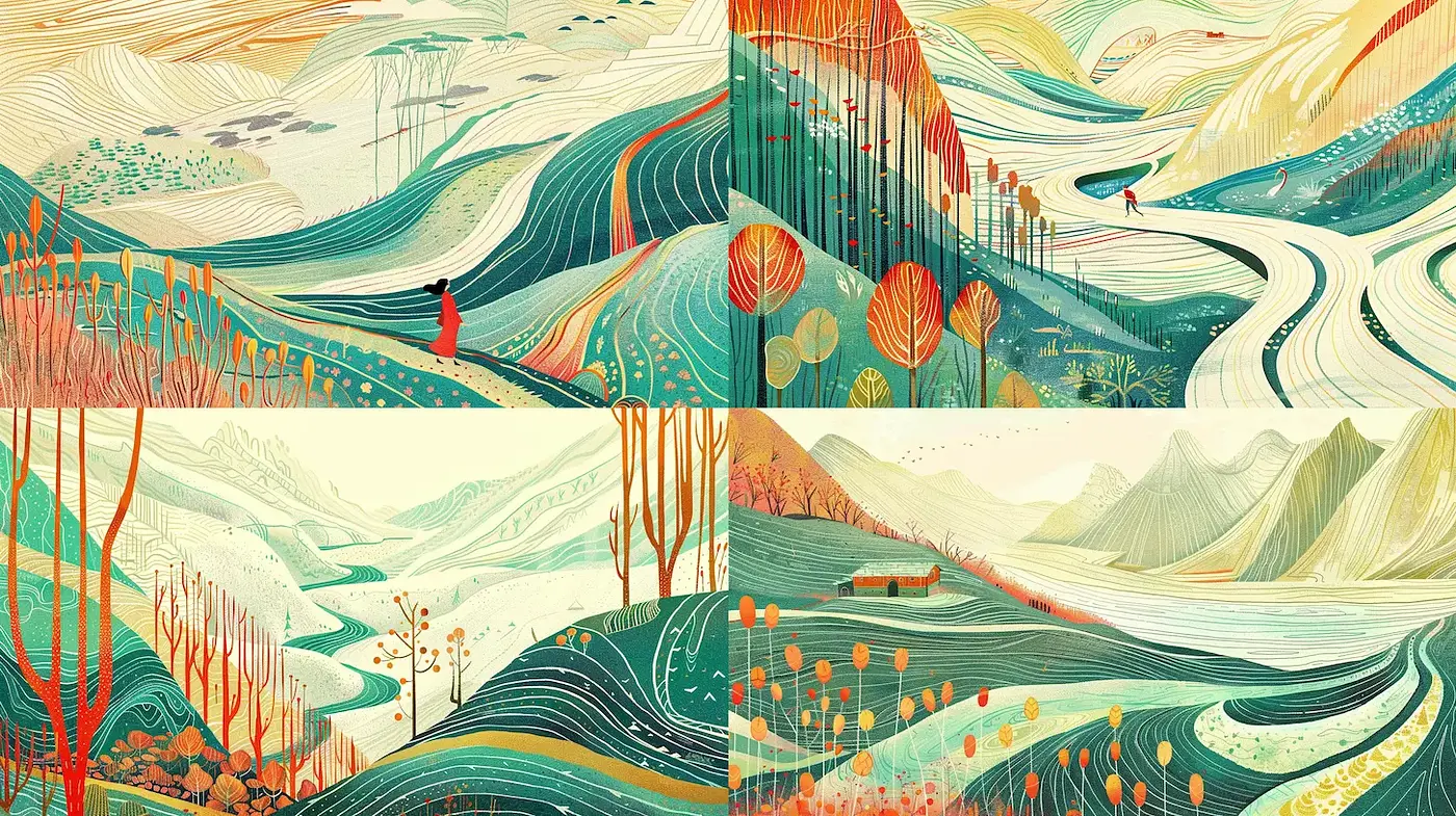 Whimsical Landscape Illustrations with a Harmonious Color Scheme - Midjourney sref style
