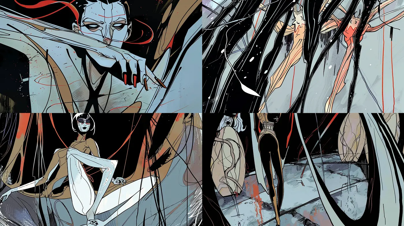 Abstract Graphic Novel Fusion with a Melancholic Undertone - Midjourney sref style