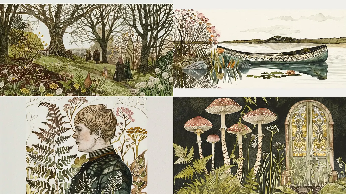 Botanical Illustrative Medley in Pen and Ink with Earthy Tones - Midjourney sref style
