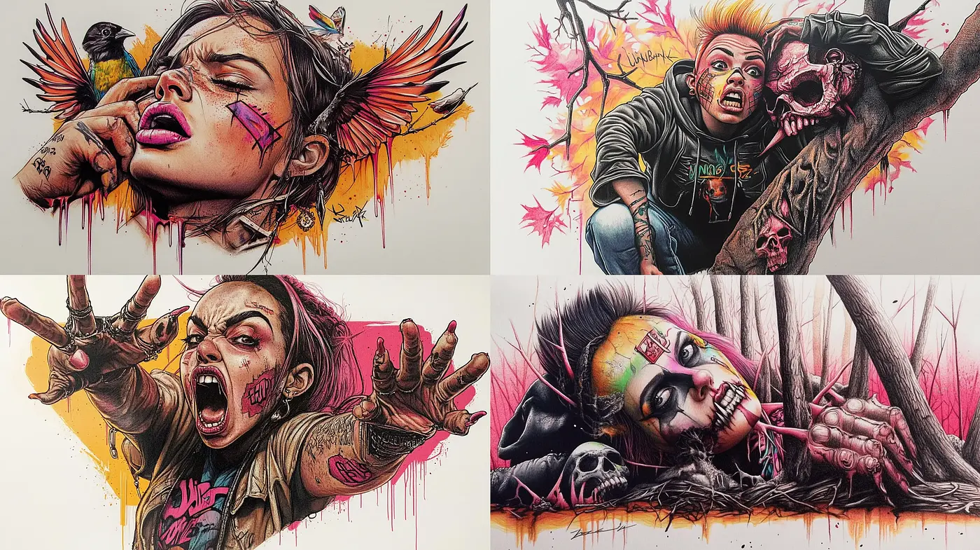 Dynamic Grunge-Inspired Portraits with Vivid Strokes and Splatters - Midjourney sref style