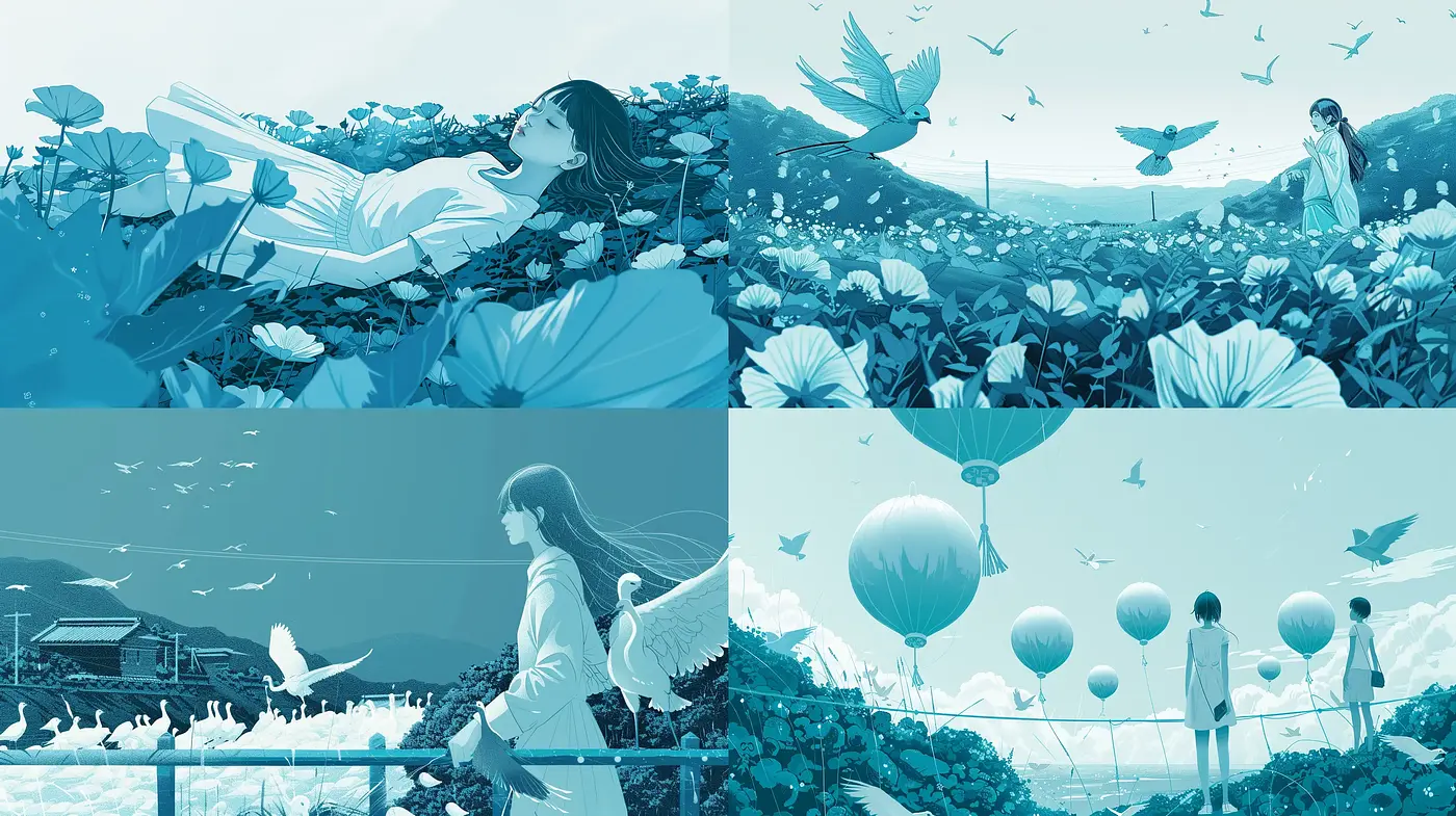 Ethereal Cyan Dreamscape with Serene Storytelling Visuals - Midjourney sref style