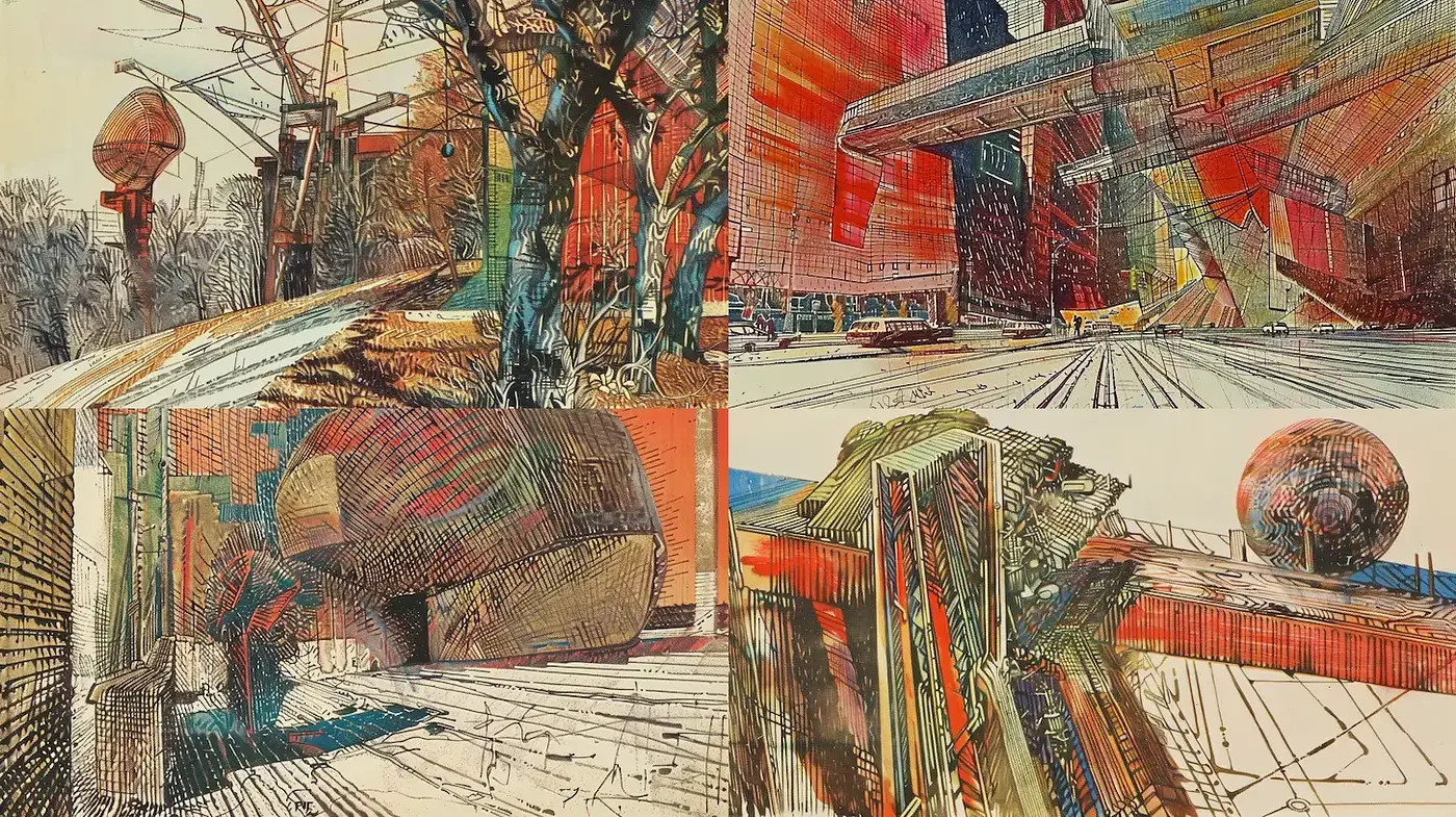 Intricate Compositions with Abstract Geometric Elements and Vibrant Colors - Midjourney sref style