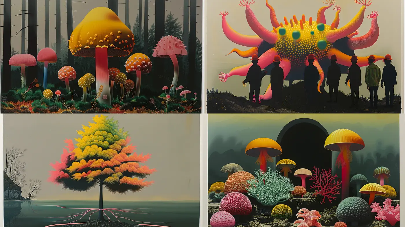 Dreamlike Fusion of Surrealism and Vibrant Storybook Illustration - Midjourney sref style