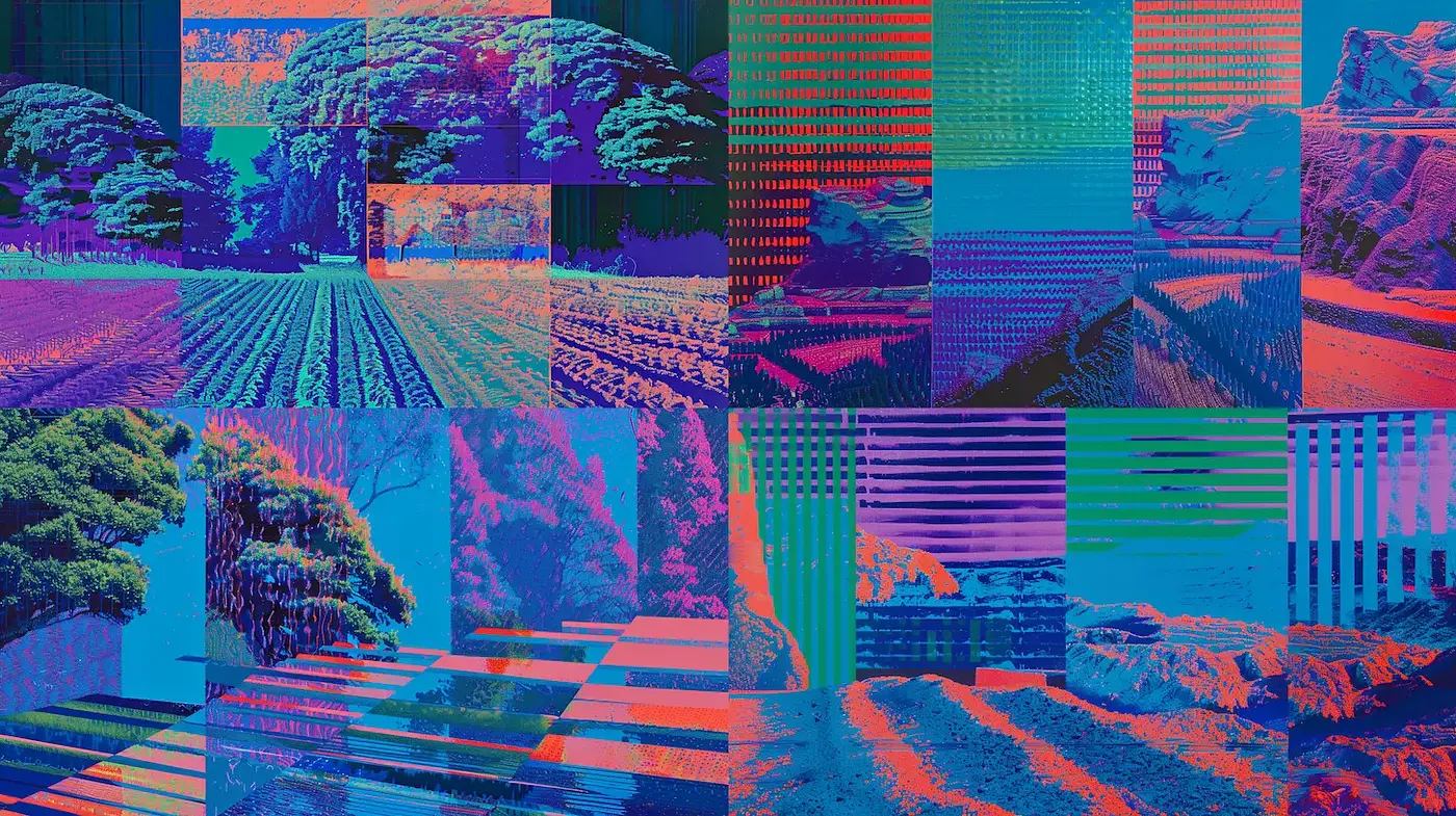 Futuristic Glitch Art with a Landscape Twist - Midjourney sref style