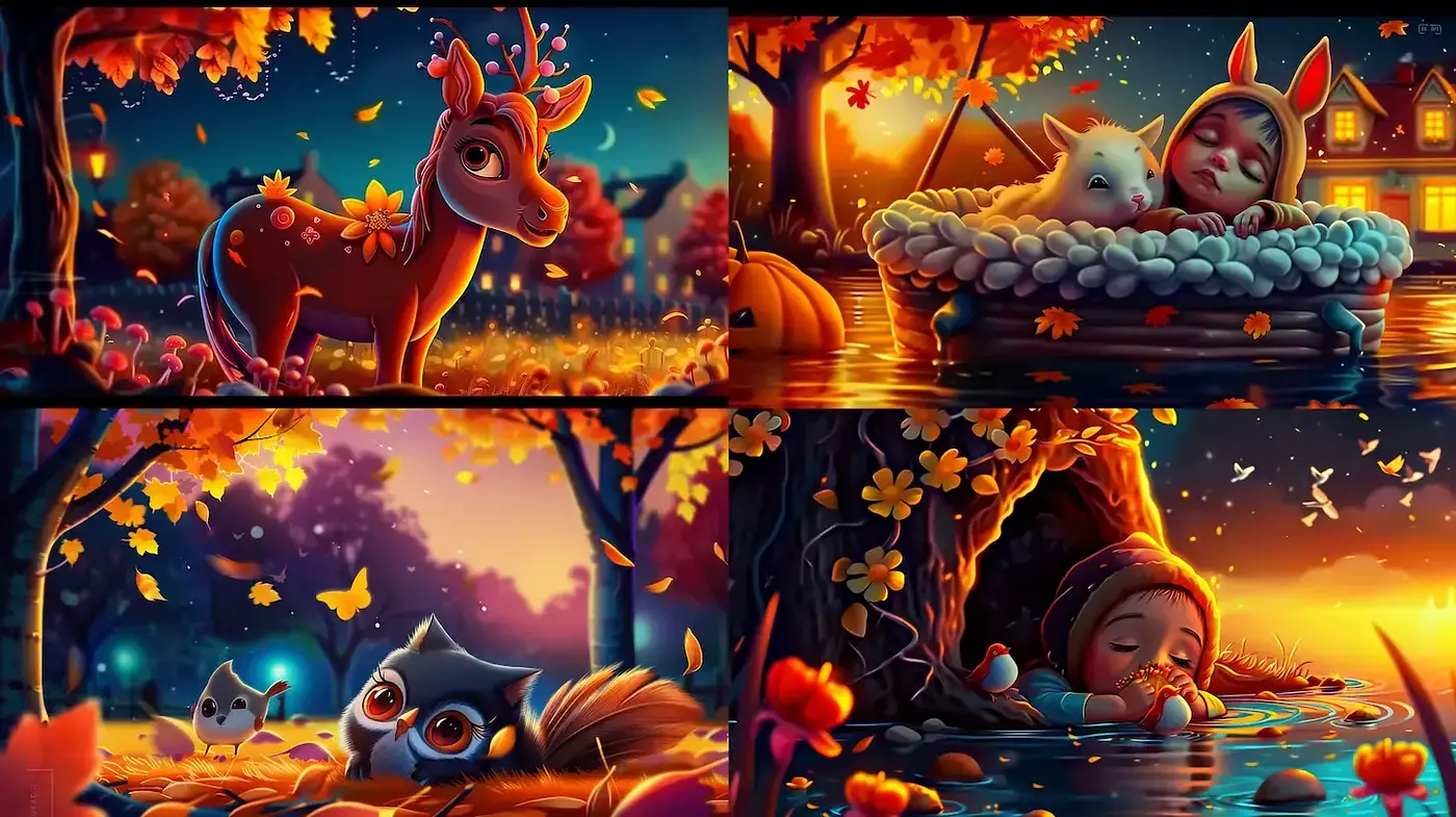 Vibrant and whimsical autumn scenes with expressive character designs - Midjourney sref style