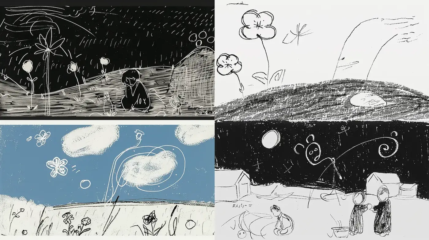 Whimsical and Minimalist Imagery with artistic contrasts - Midjourney sref style