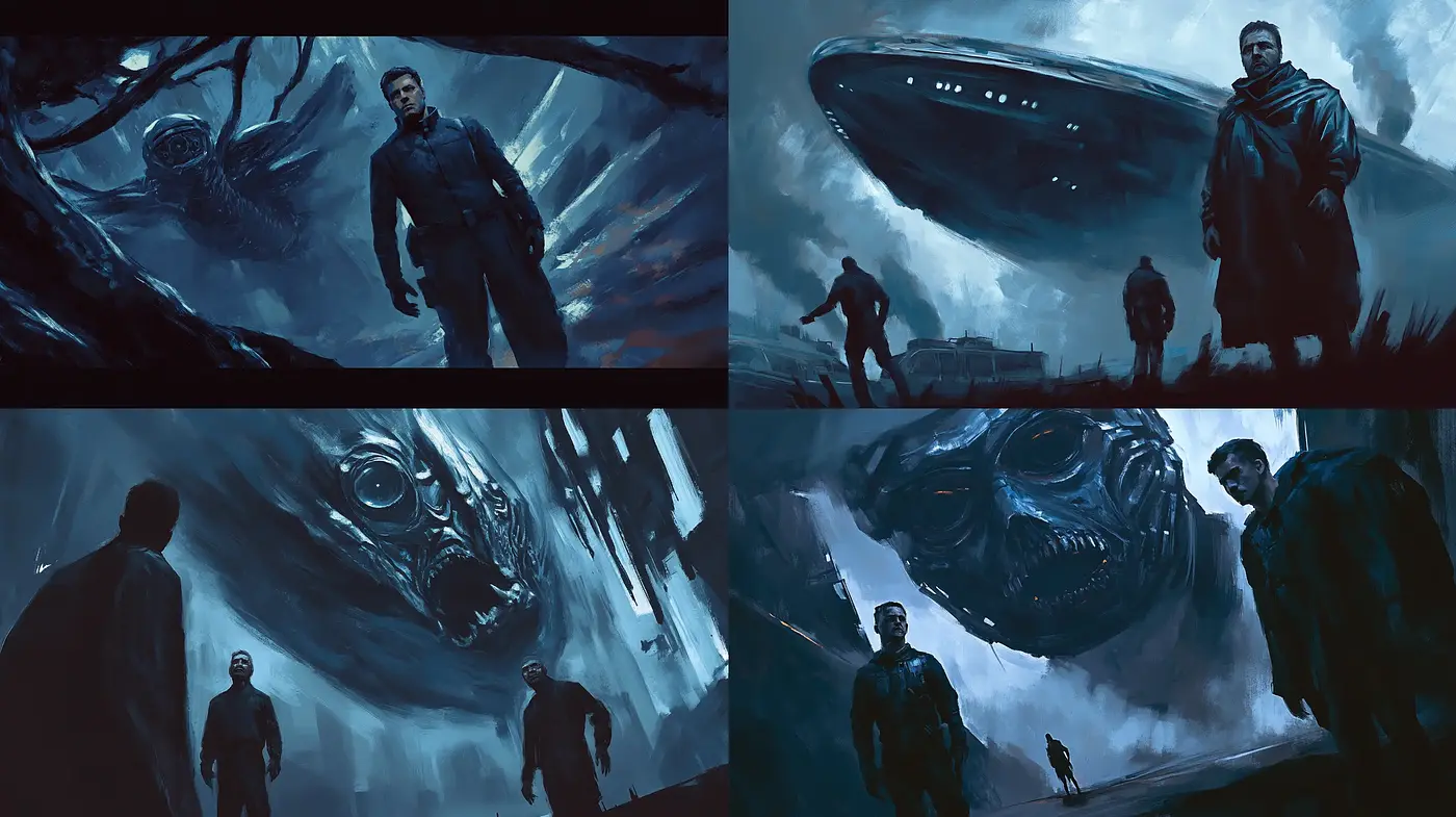 Eerie Monochromatic Sci-Fi Tableaus with an Atmospheric Chiaroscuro Effect - Midjourney sref style