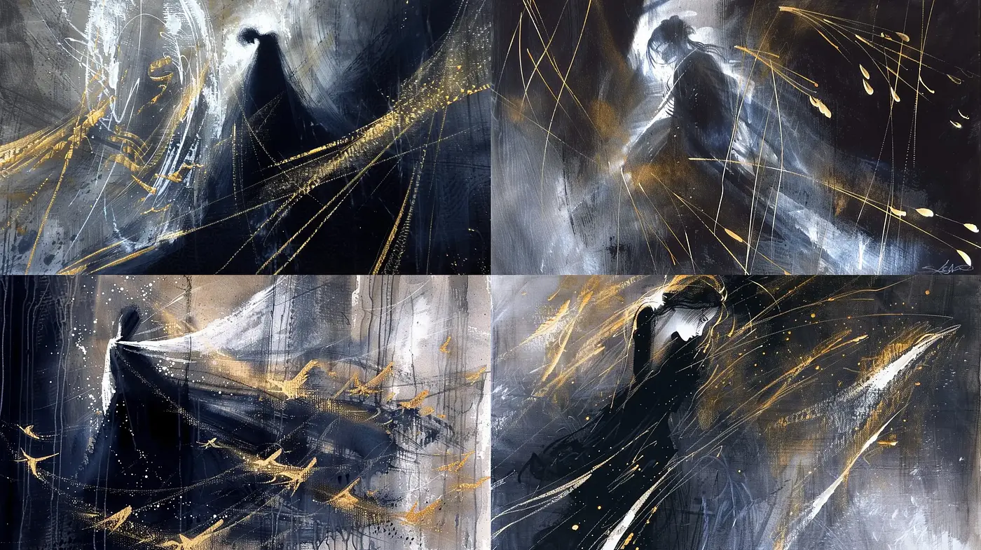 Abstract Expressionist Storms in Monochrome and Gold - Midjourney sref style