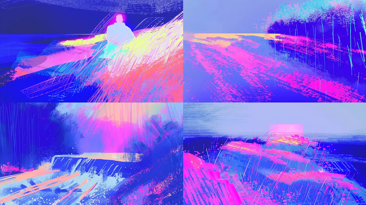 Synthetic Dreamscape: A Fusion of Digital Impressionism and Neon Hues - Midjourney sref style