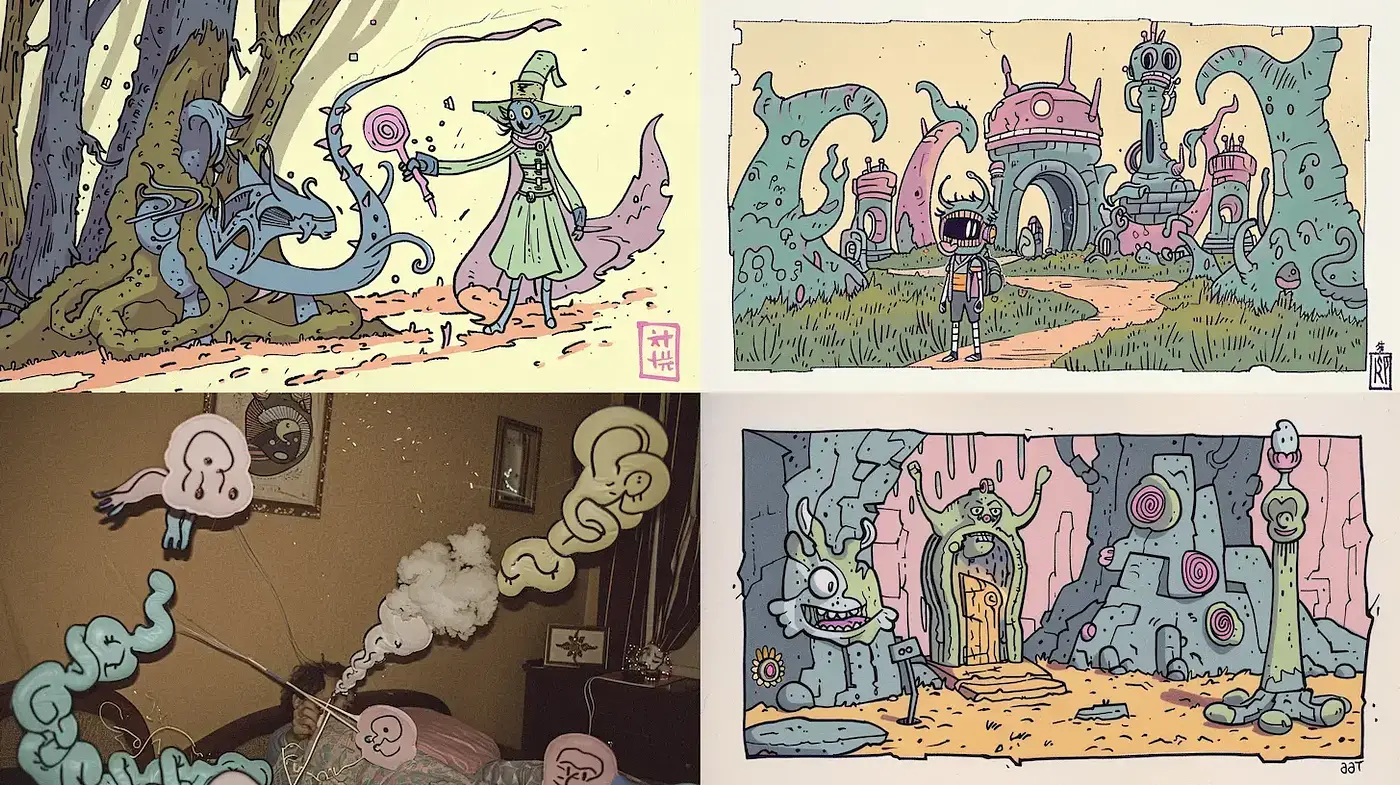 Whimsical Illustrations with a Surreal and Playful Aesthetic - Midjourney sref style