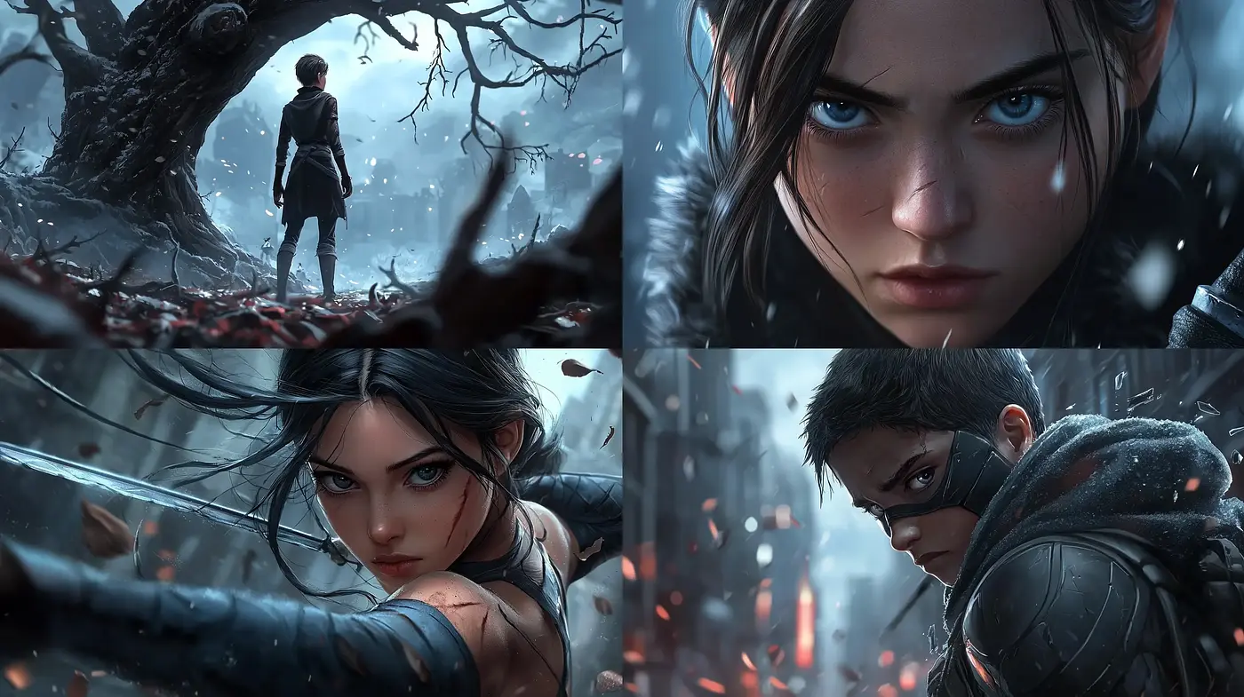 Cinematic Illustration of Intense Characters in a Dynamic Atmosphere - Midjourney sref style