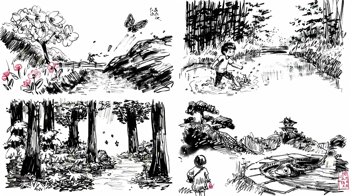 Ink Wash Dreamscapes with a Monochromatic Essence - Midjourney sref style