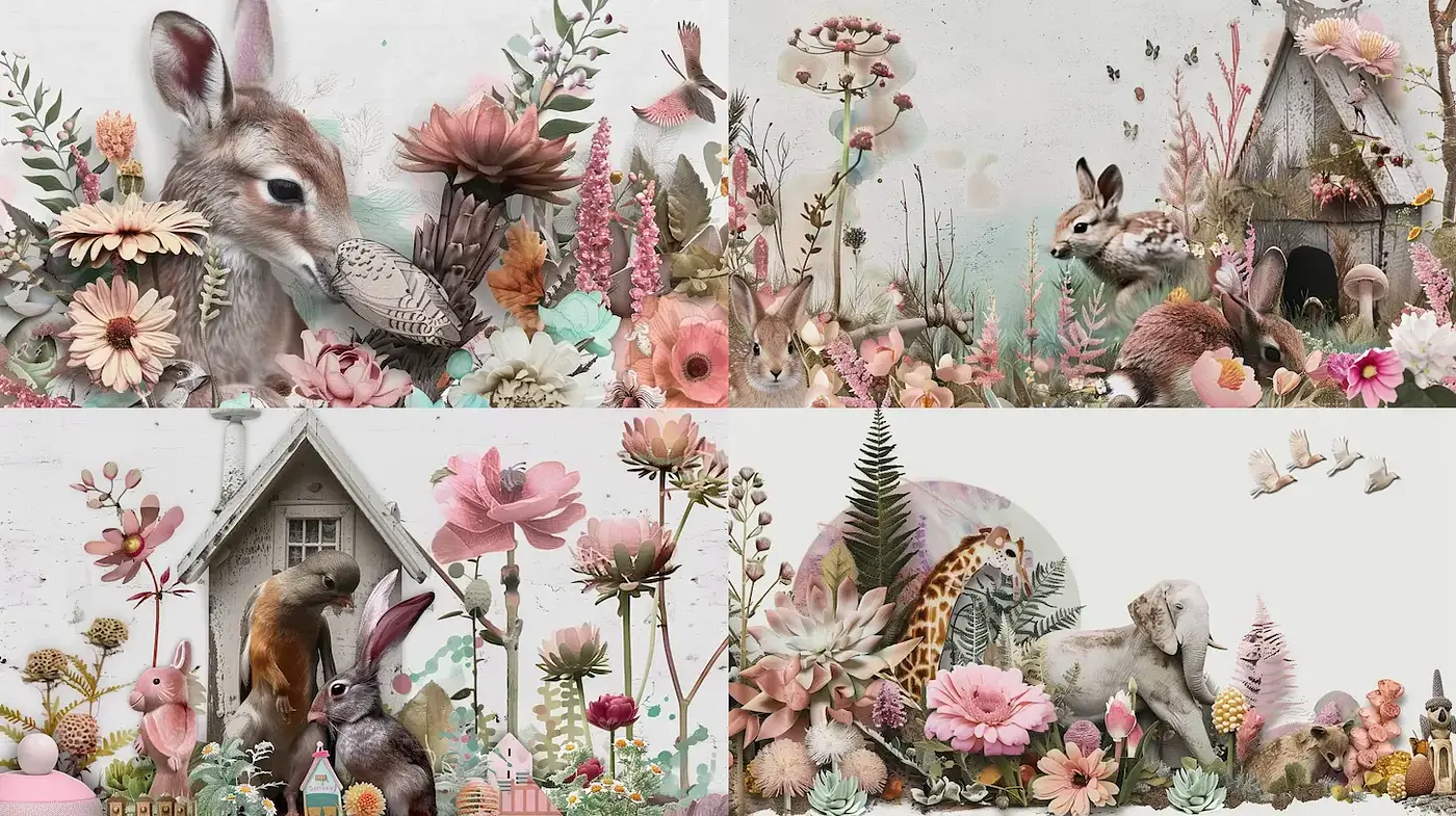Whimsical Nature Portraits with Pastel Floral Abundance - Midjourney sref style