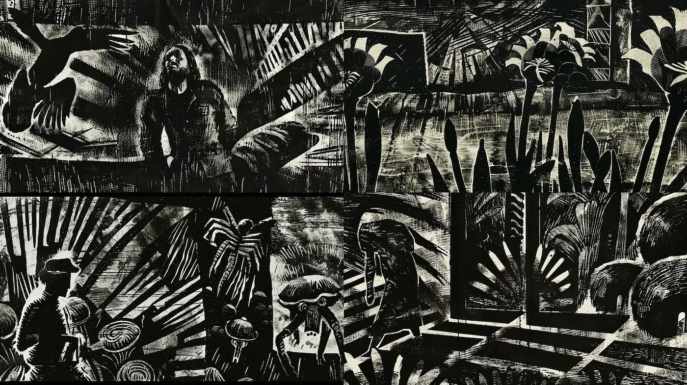 Contrasting Elements and Textured Narratives in Vintage Illustration - Midjourney sref style