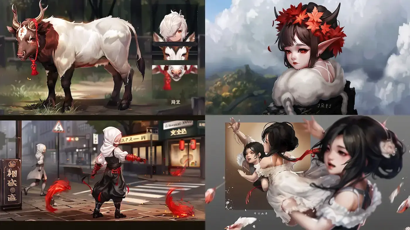 Dynamic and Ethereal Anime-Inspired Illustrations with Traditional Elements - Midjourney sref style