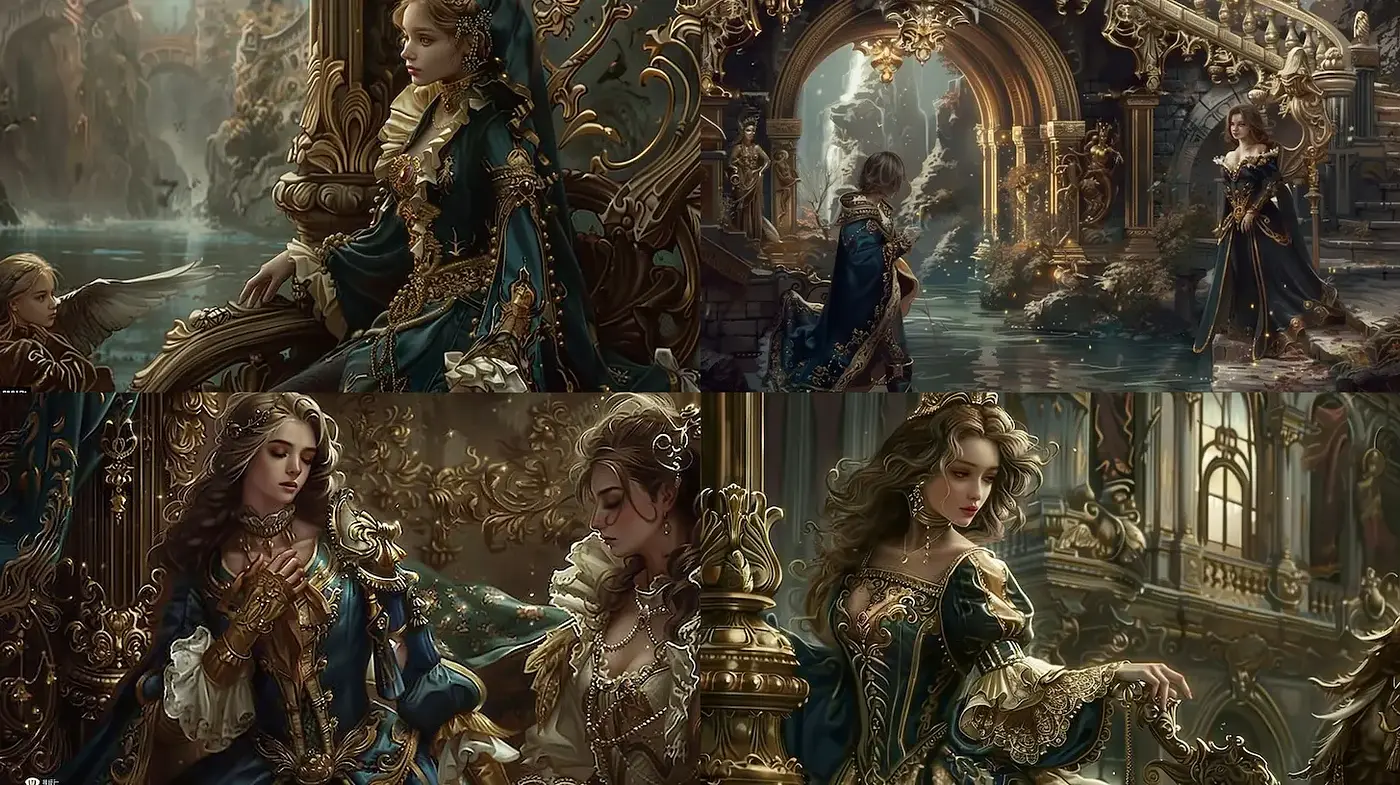 Opulent Baroque Fantasy with Rich Textures and Dramatic Lighting - Midjourney sref style