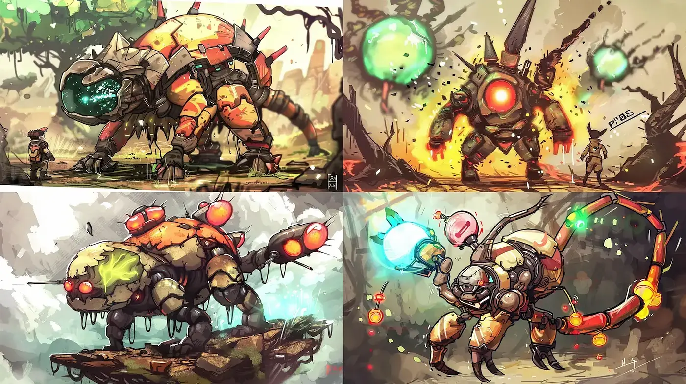 Dynamic Hybrid Art Style with Playful Mechanical Creatures - Midjourney sref style