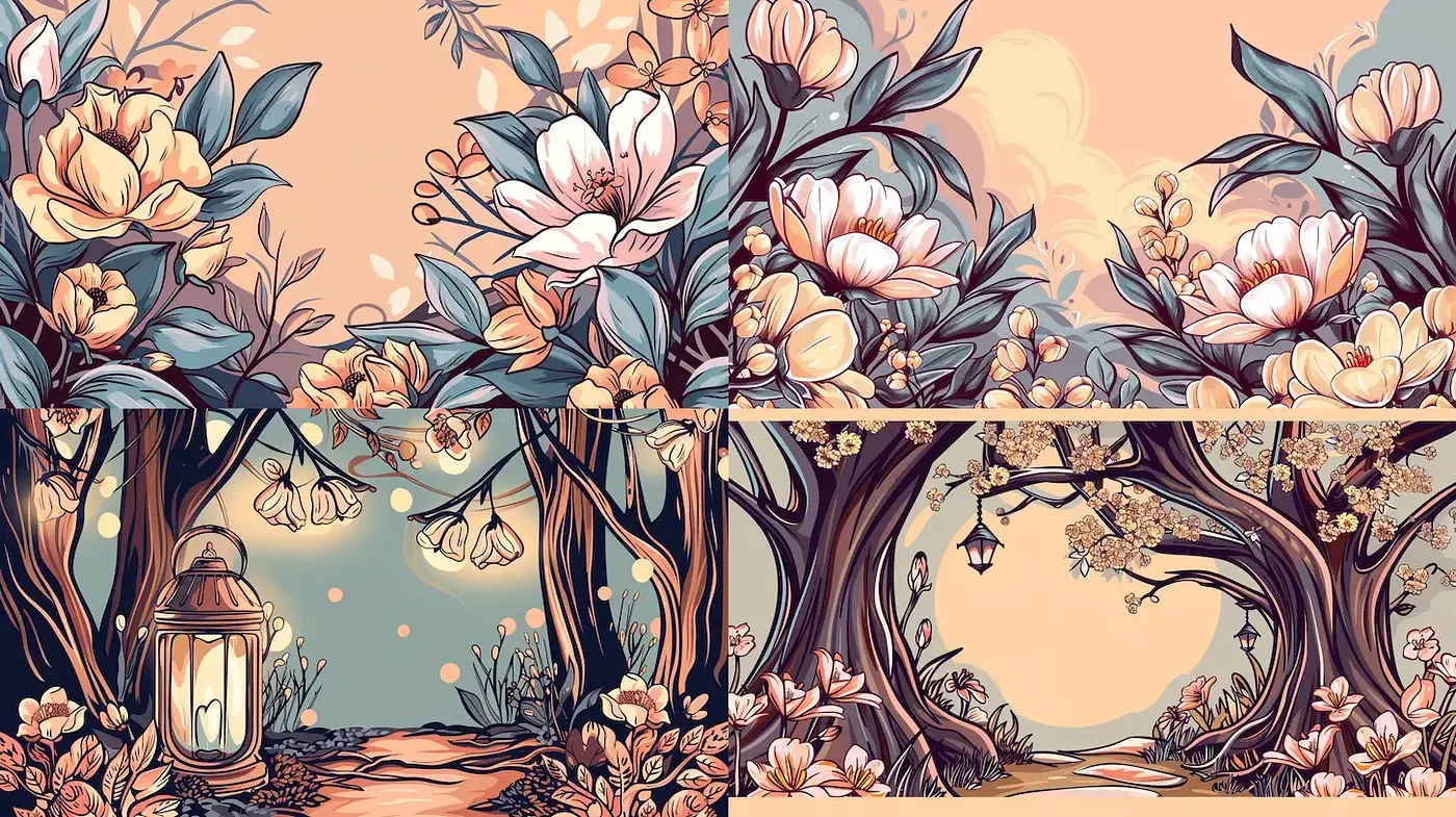 Whimsical floral landscapes with a harmonious pastel palette - Midjourney sref style
