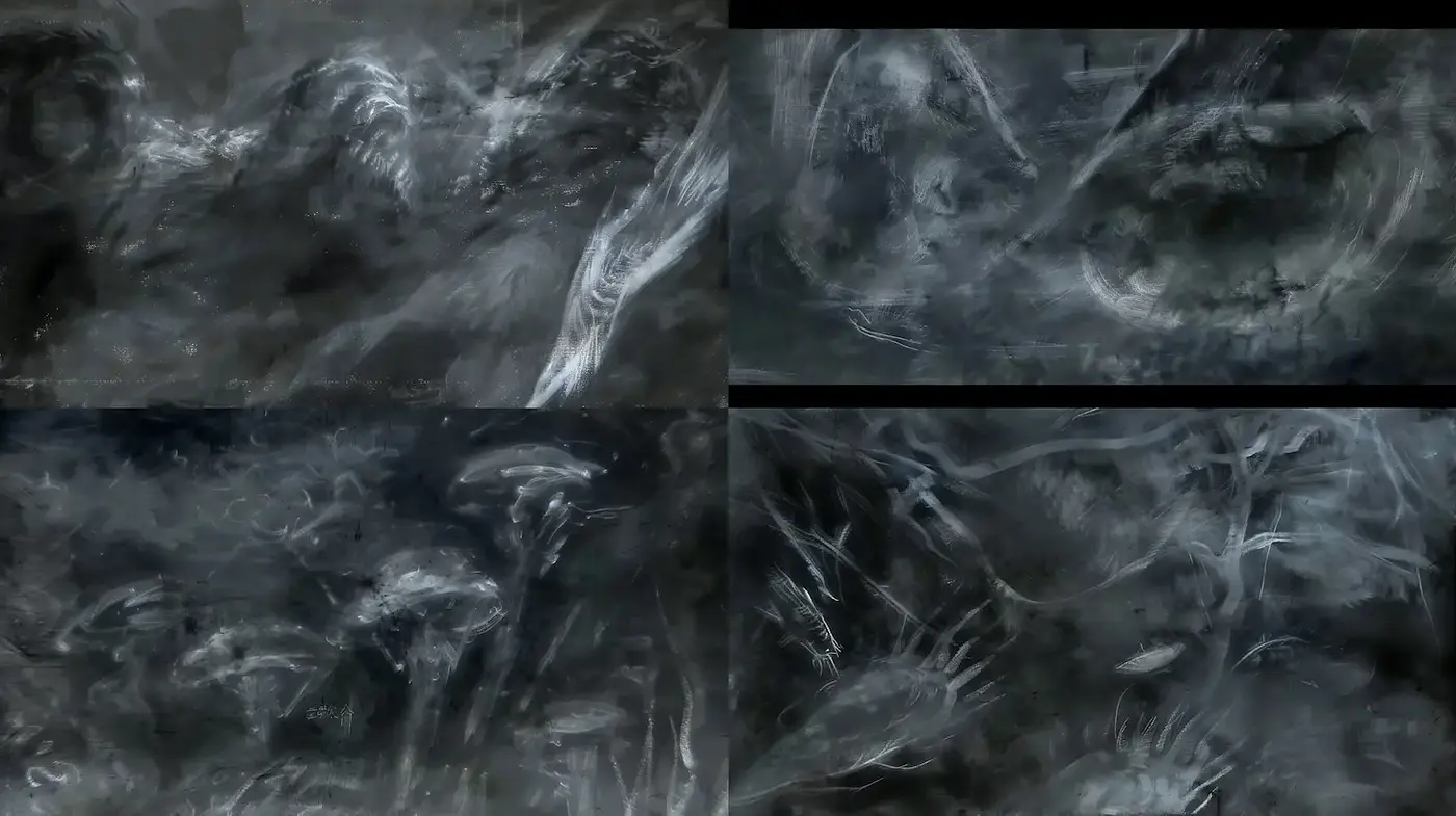 Abstract expressionism with a haunting, atmospheric essence - Midjourney sref style