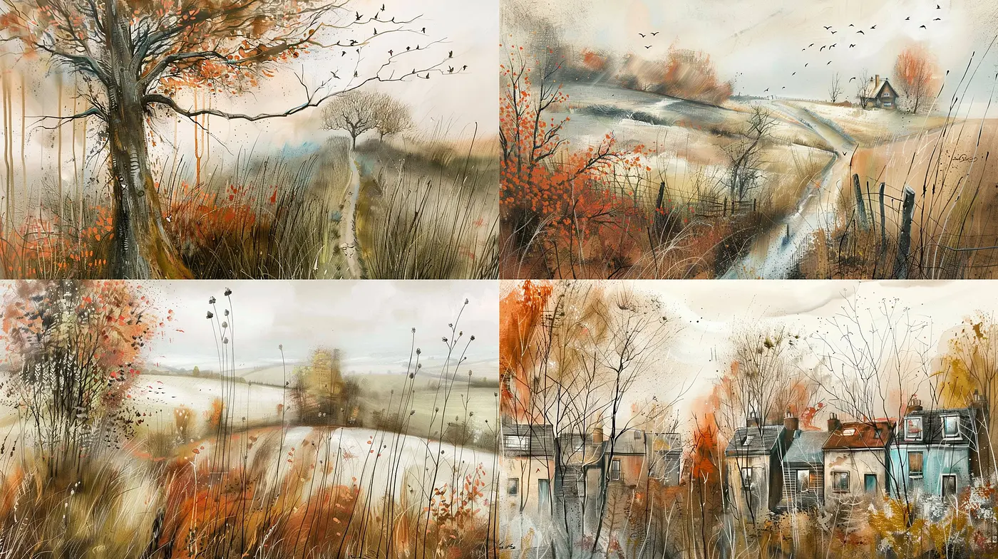 Rustic Brushwork Harmony: A Blending of Earthy Tones and Textured Impressionism - Midjourney sref style