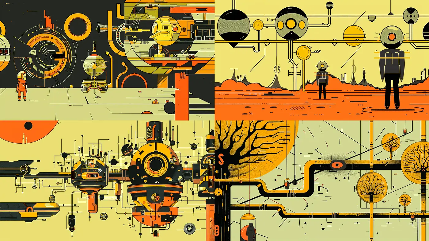 Futuristic Retro-Industrial Symphony in Mustard and Onyx - Midjourney sref style
