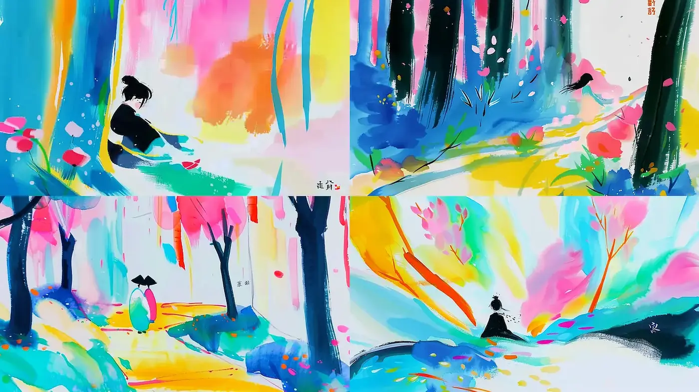 Vibrant and Dreamlike Watercolor Landscape with Elements of Nature and Serenity - Midjourney sref style