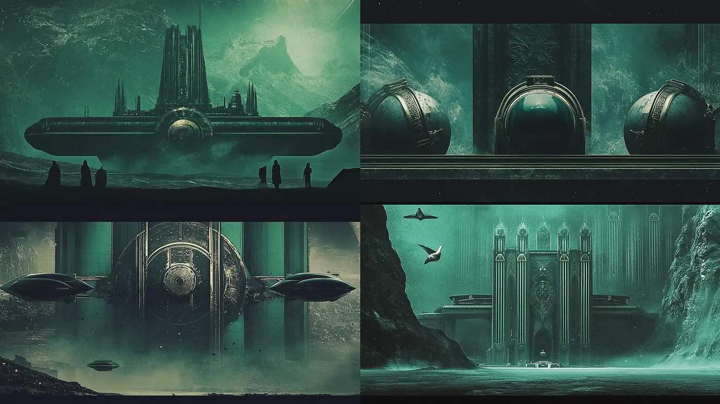 Submerged Sci-Fi World: An Underwater Dreamscape in Teal Monochrome - Midjourney sref style
