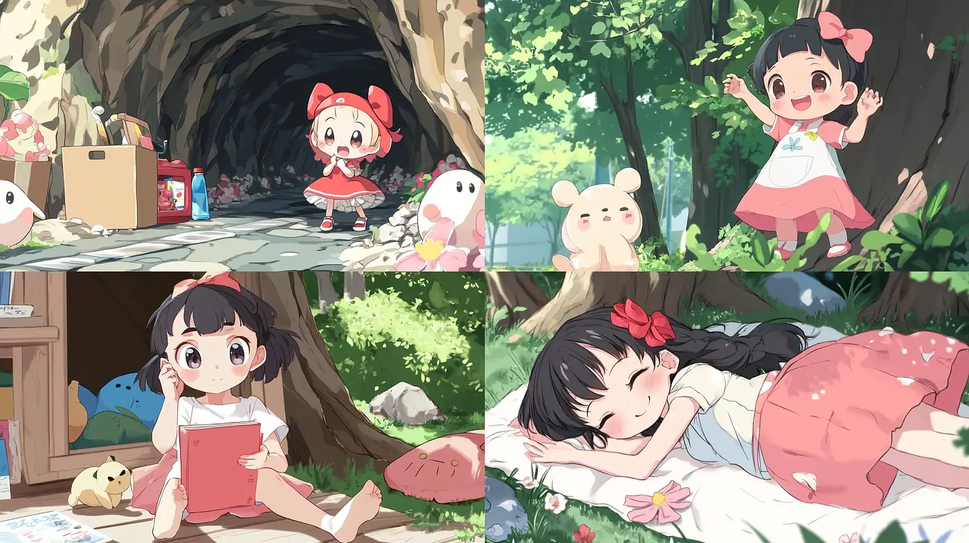 Whimsical Anime-Inspired Pastoral Scenes with Soft Textures and Vibrant Greens - Midjourney sref style