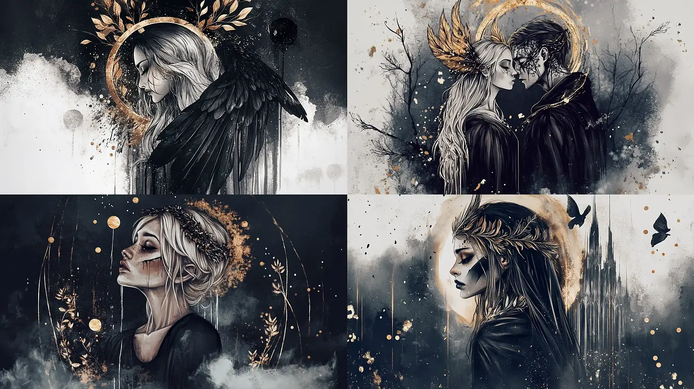 Monochromatic Elegance with Golden Accents in Ethereal Illustrations - Midjourney sref style